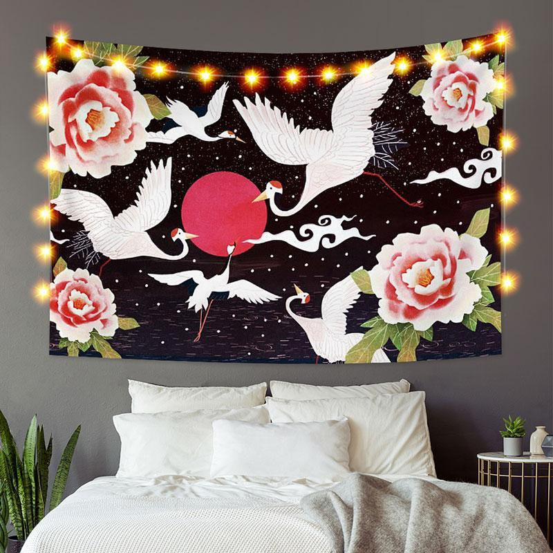Lofaris Red Crowned Crane Moon Floral Animal Custom Tapestry
