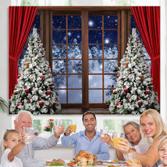 Lofaris Red Curtain Christmas Tree Door Snow Forest Backdrop