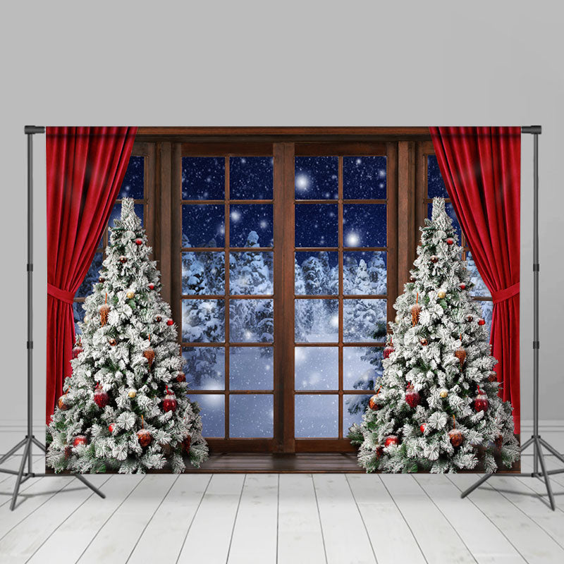 Lofaris Red Curtain Christmas Tree Door Snow Forest Backdrop