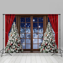 Lofaris Red Curtain Christmas Tree Door Snow Forest Backdrop