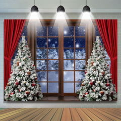 Lofaris Red Curtain Christmas Tree Door Snow Forest Backdrop