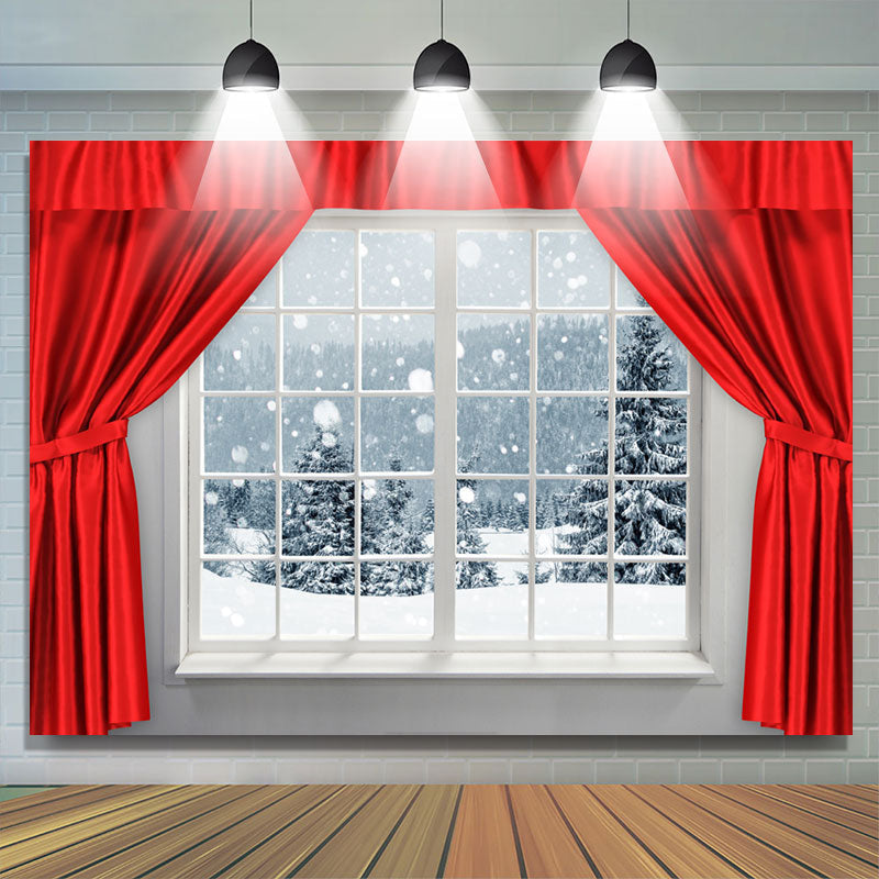 Lofaris Red Curtain White Window With Snowy Winter Backdrop