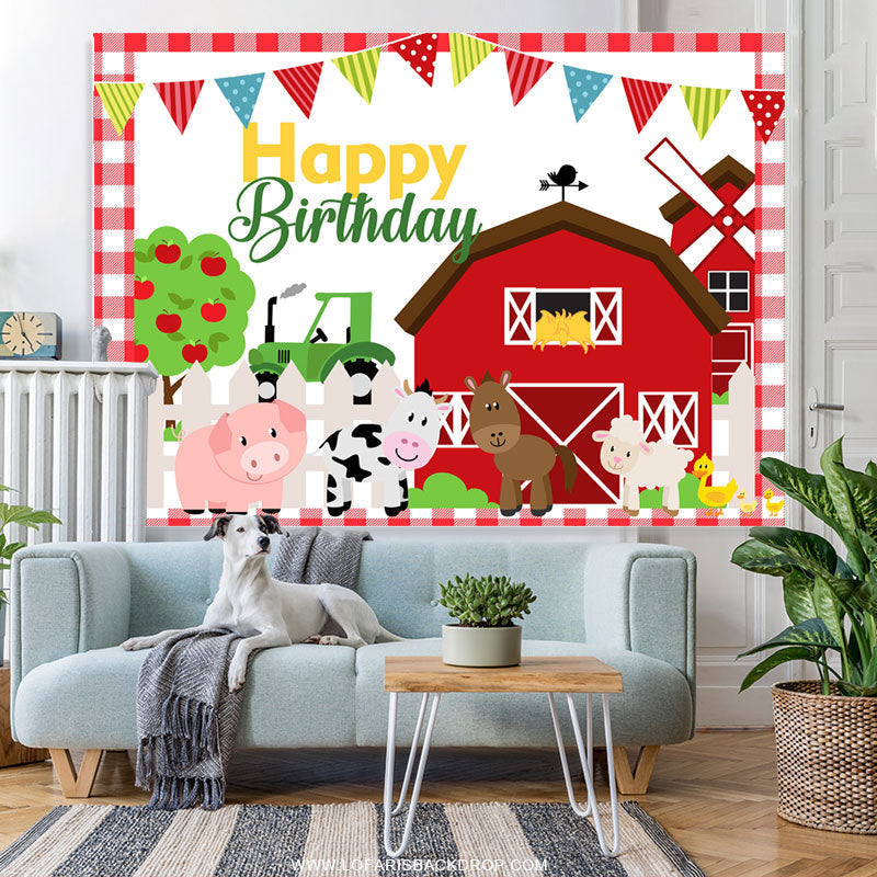 Lofaris Red Farm House And Animals Happy Birthday Backdrop