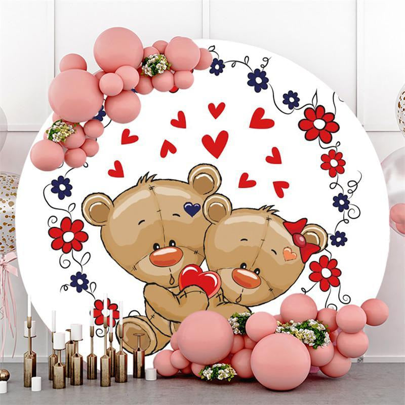 Lofaris Red Floral And Love Bear Round White Baby Shower Backdrop