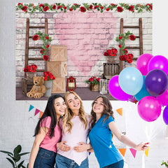Lofaris Red Floral And Teddy Bear Brick Baby Shower Backdrop