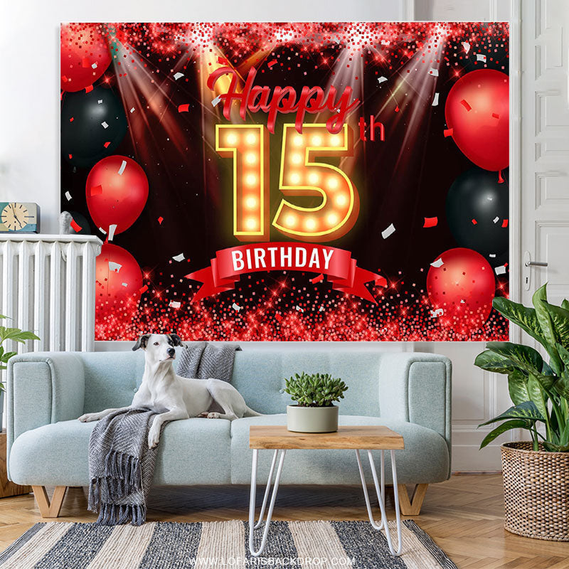 Lofaris Red Glitter Bokeh Balloons Black 15th Birthday Backdrop