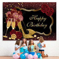 Lofaris Red Glitter Floral Balloon Happy Birthday Backdrop