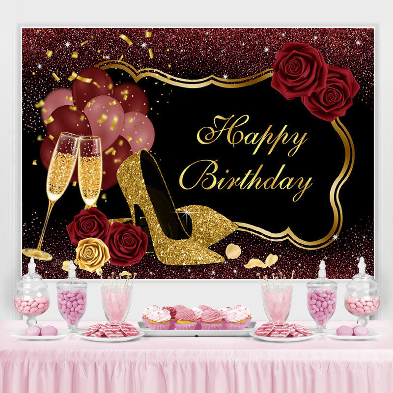 Lofaris Red Glitter Floral Balloon Happy Birthday Backdrop