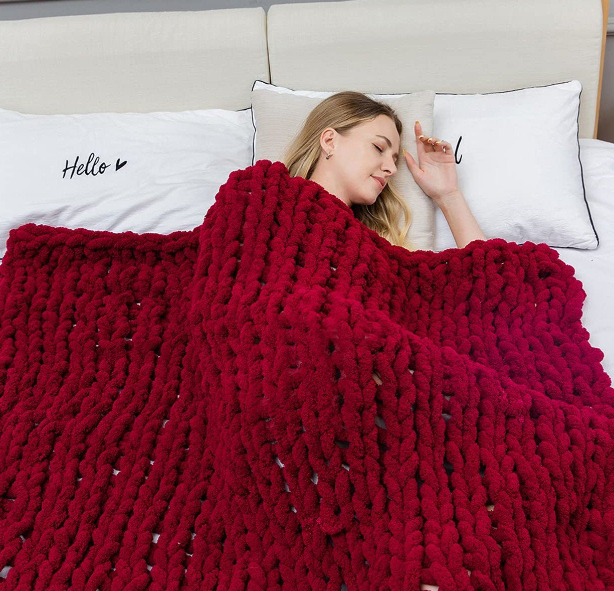 Lofaris Red Handmade Super Soft Chenille Thick Chunky Knit Blanket