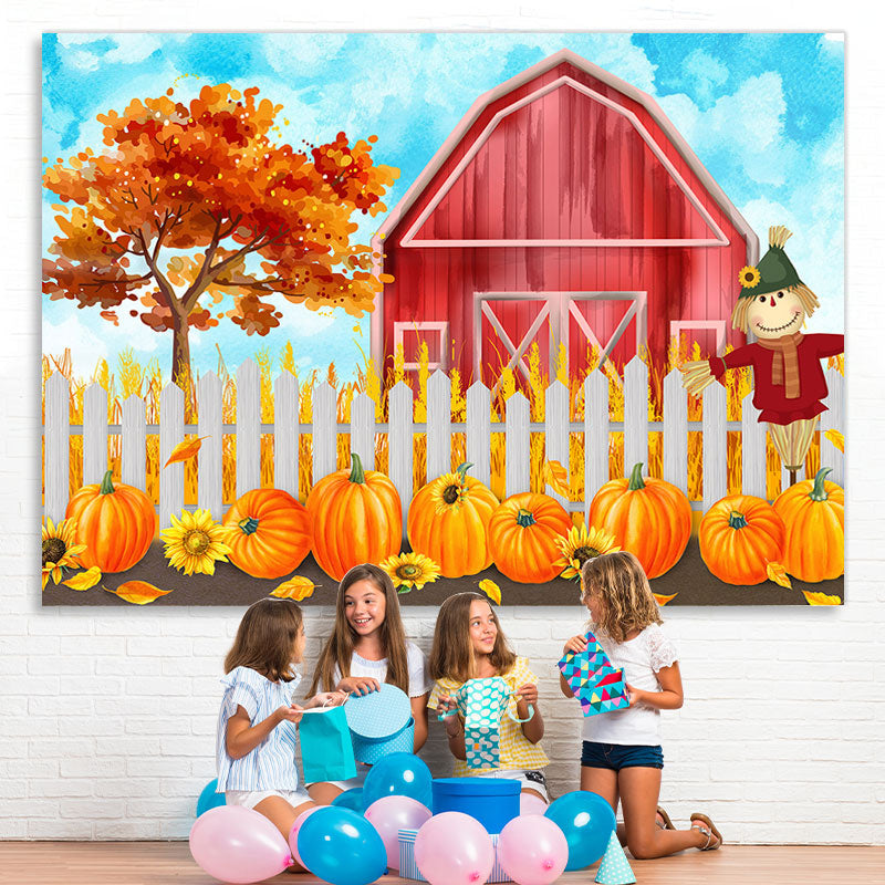 Lofaris Red House White Fence Scarecrow Pumpkin Autumn Backdrop
