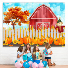 Lofaris Red House White Fence Scarecrow Pumpkin Autumn Backdrop