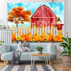 Lofaris Red House White Fence Scarecrow Pumpkin Autumn Backdrop