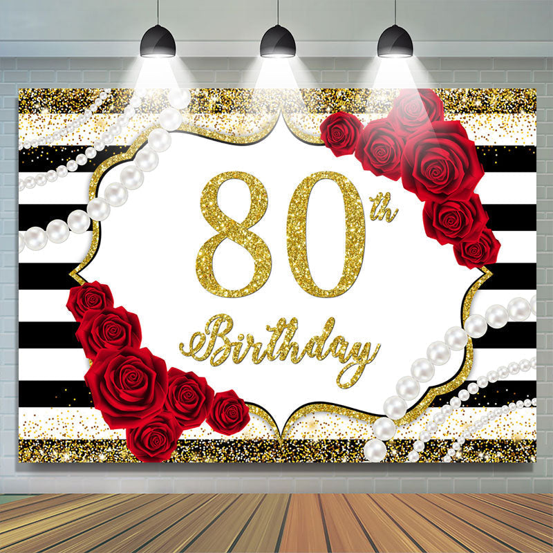 Lofaris Red Rose And Gold Glitter 80th Birthday Party Backdrop