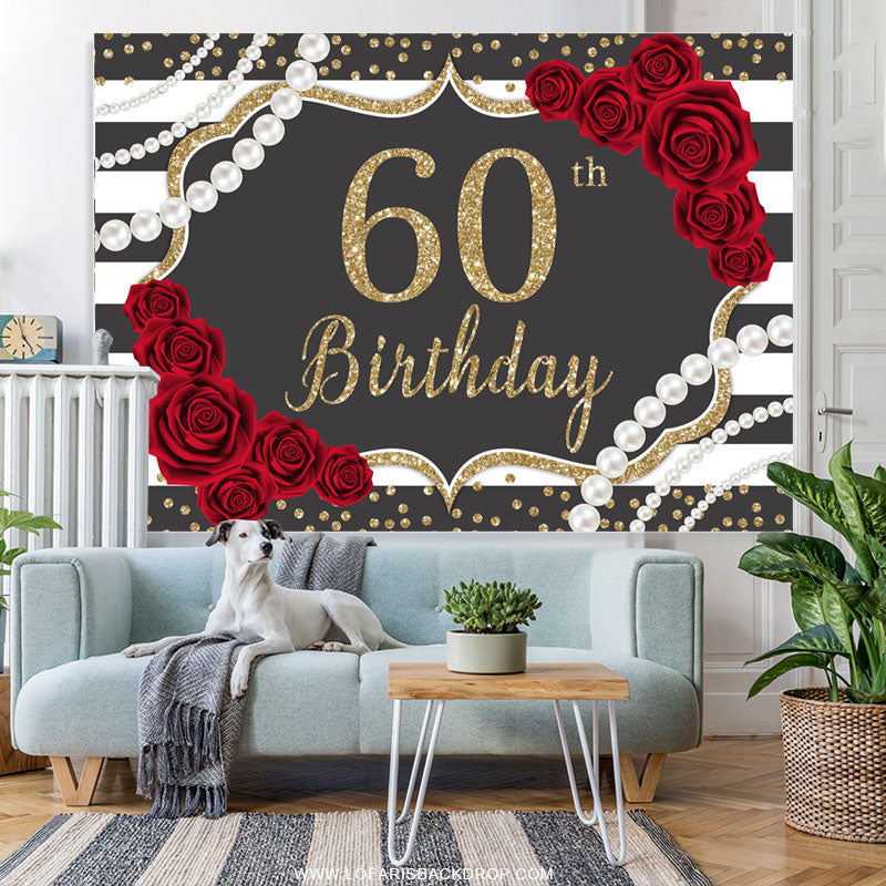Lofaris Red Rose Dark Gery Glitter Happy 60Th Birthday Backdrop