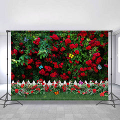Lofaris Red Rose Green Leaves Butterfly Garden Spring Backdrop