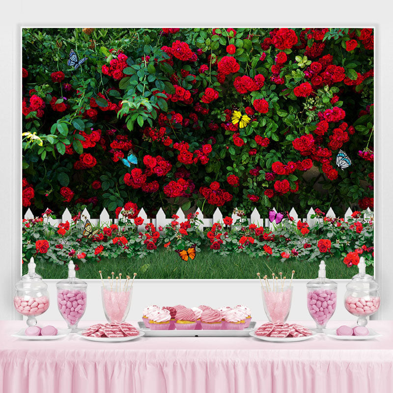 Lofaris Red Rose Green Leaves Butterfly Garden Spring Backdrop