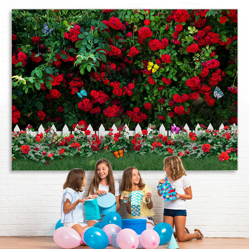 Lofaris Red Rose Green Leaves Butterfly Garden Spring Backdrop