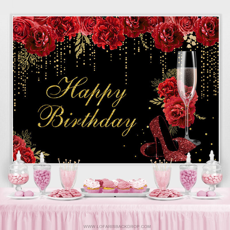 Lofaris Red Rose High Heel Glass Happy Birthday Backdrop