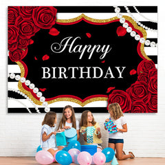 Lofaris Red Roses White And Black Stripe Pearl Birthday Backdrop