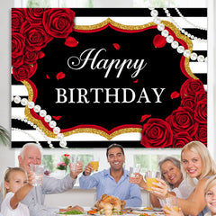Lofaris Red Roses White And Black Stripe Pearl Birthday Backdrop