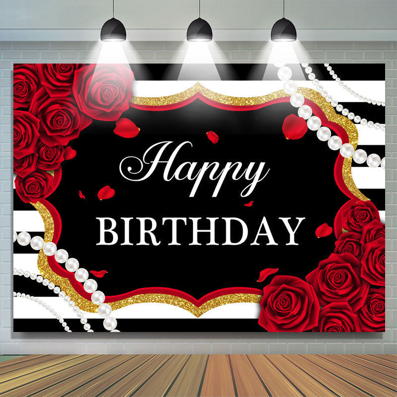 Lofaris Red Roses White And Black Stripe Pearl Birthday Backdrop