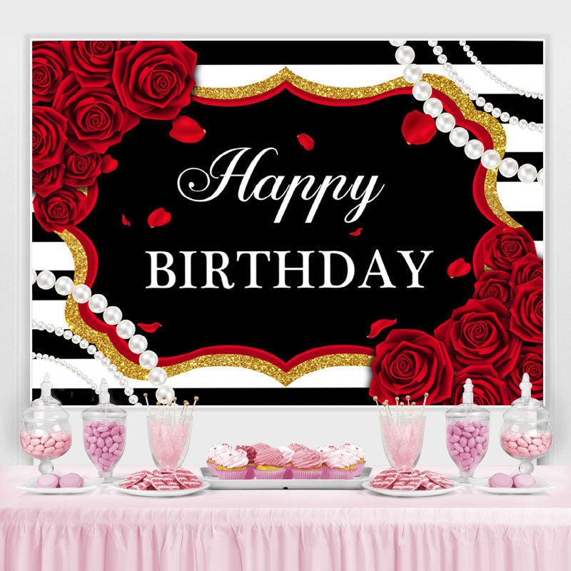 Lofaris Red Roses White And Black Stripe Pearl Birthday Backdrop