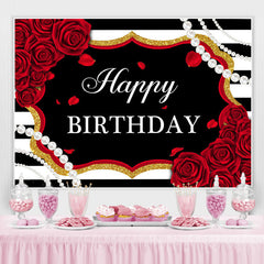 Lofaris Red Roses White And Black Stripe Pearl Birthday Backdrop