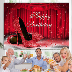 Lofaris Red Stage and High Heel Glitter Happy Birthday Backdrop