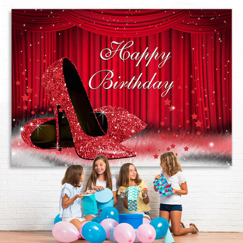Lofaris Red Stage and High Heel Glitter Happy Birthday Backdrop