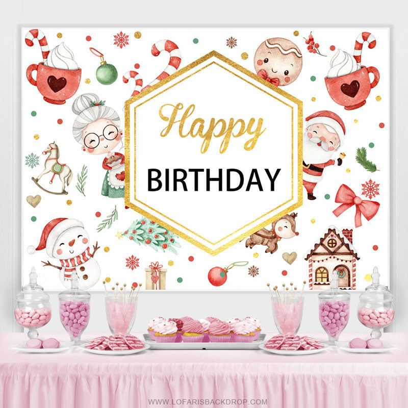 Lofaris Red White Christams Theme Gold Happy Birthday Backdrop