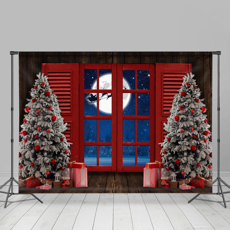 Lofaris Red Window With Christmas Tree Gift Holiday Backdrop