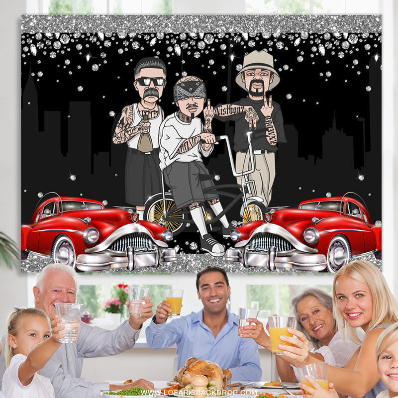 Lofaris Rock Car With Cool Guy Happy Birthday Backdrop