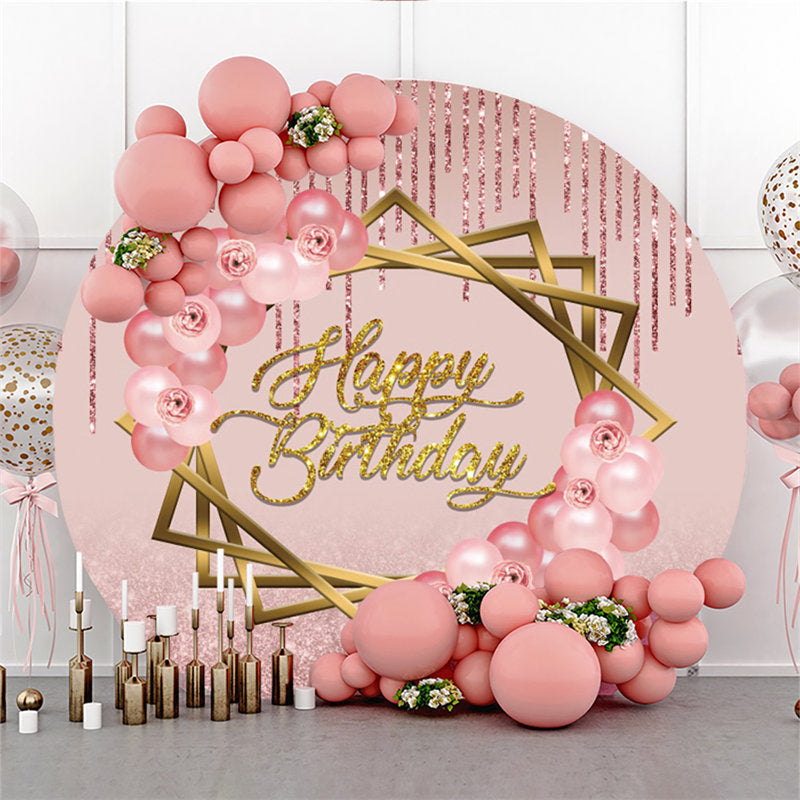 Lofaris Rose Gold Balloon Glitter Happy Birthday Round Backdrop