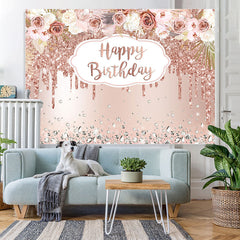 Lofaris Rose Gold Floral And Glitter Happy Birthday Backdrop