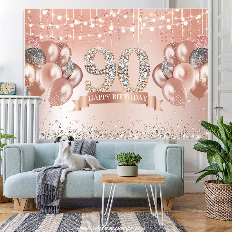 Lofaris Rose Gold Glitter Balloon Happy 90Th Birthday Backdrop