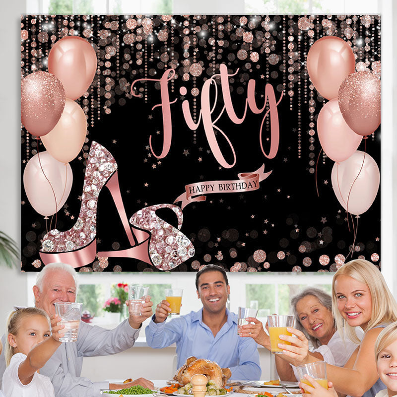 Lofaris Rose Gold Happy 50Th Birthday Balloon Glitter Backdrop