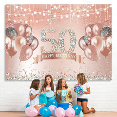 Lofaris Rose Gold Happy 50th Birthday Glitter Diamonds Balloons Backdrop