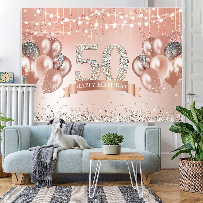 Lofaris Rose Gold Happy 50th Birthday Glitter Diamonds Balloons Backdrop