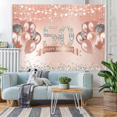 Lofaris Rose Gold Happy 50th Birthday Glitter Diamonds Balloons Backdrop