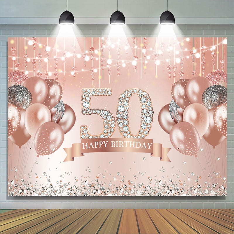 Rose Gold Happy 50th Birthday Glitter Diamonds Balloons Backdrop -  5X3FT(1.5X1M)