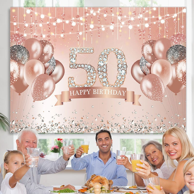 Lofaris Rose Gold Happy 50th Birthday Glitter Diamonds Balloons Backdrop