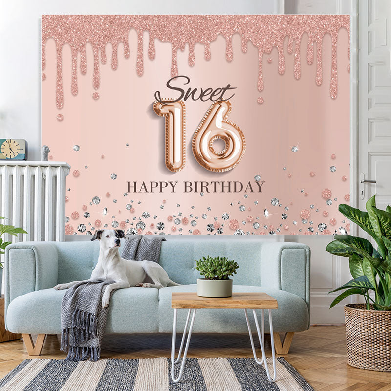 Lofaris Rose Golden Sweet 16 Glitter Happy Birthday Backdrop
