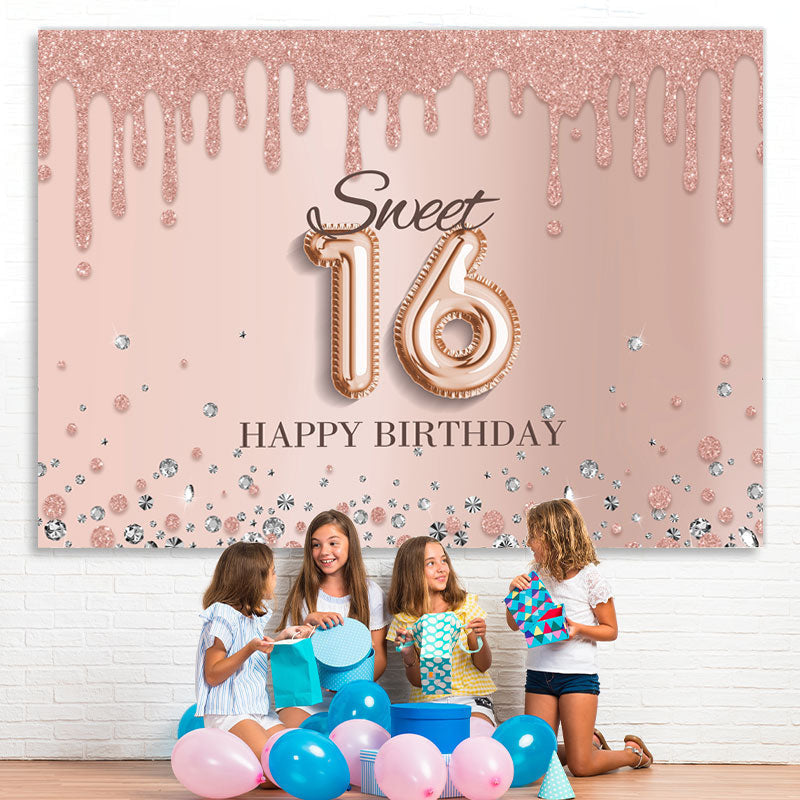 Lofaris Rose Golden Sweet 16 Glitter Happy Birthday Backdrop