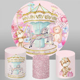 Lofaris Round And Pink Carousel With Teddy Birthday Backdrop