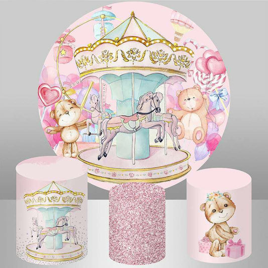 Lofaris Round And Pink Carousel With Teddy Birthday Backdrop