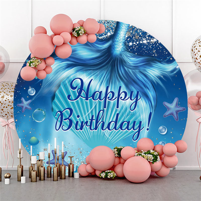 Lofaris Round Blue Ocean Mermaid Tail Happy Birthday Backdrop