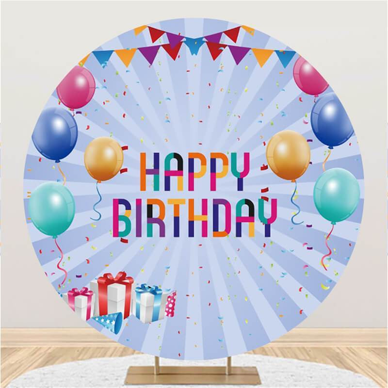 Lofaris Round Colored Flag And Gift Happy Birthday Backdrop
