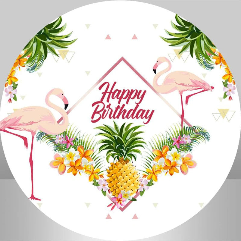 Lofaris Round Flamingo Summer Happy Birthday Backdrop Kit