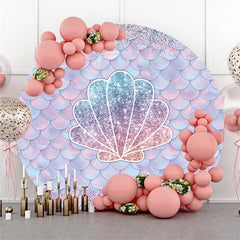 Lofaris Round Glitter Mermaids Shells Happy Birthday Backdrop