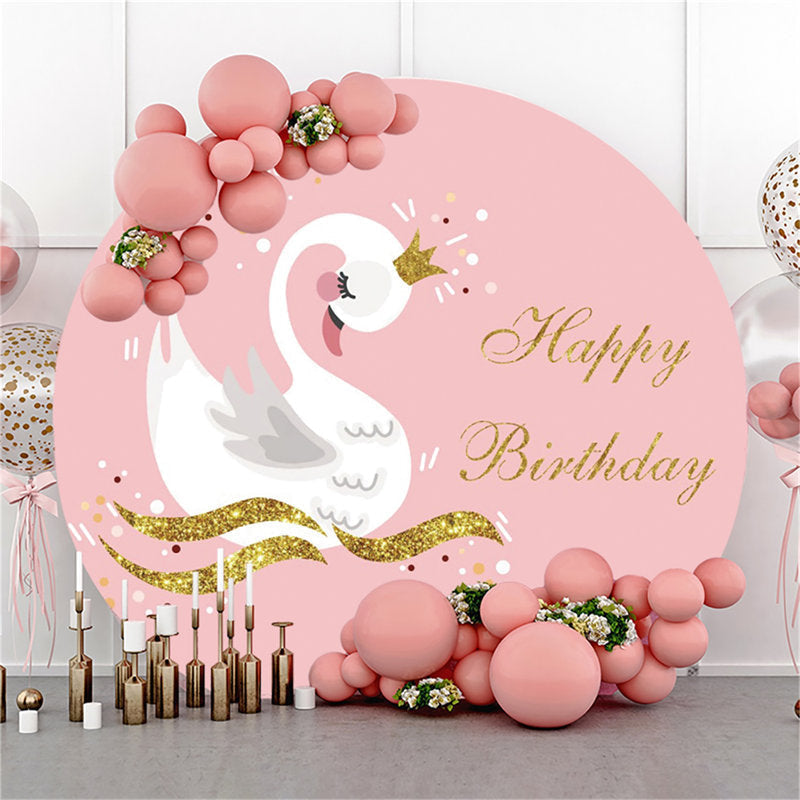 Lofaris Round Golden Wave White Swan Happy Birthday Backdrop